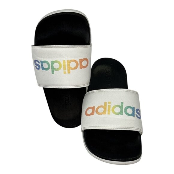 Adidas Adilette Size 6 White Rainbow Slides H02488 Flat Sandals Slippers Comfort - Picture 2 of 11